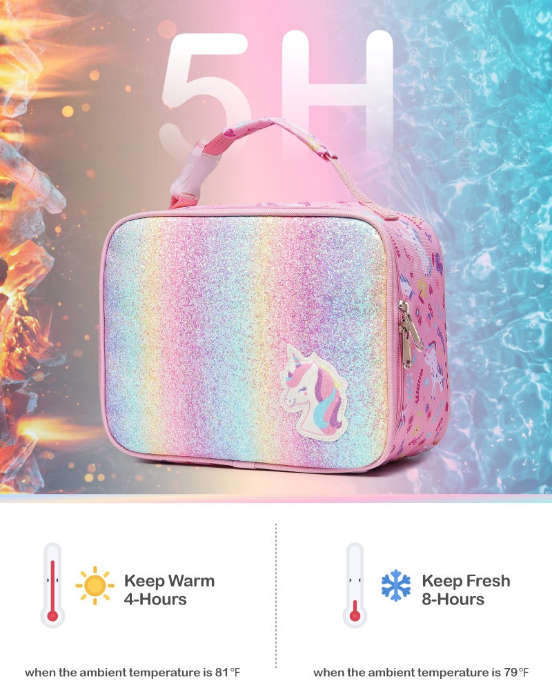 Bagseri Lunch Bag for Girls - Kids Lunch Box for Girls Reusable Leak-Proof and Insulated Kids Lunch Bag With Water Bottle Holder Toddler Lunch Box for Daycare and School  Glitter Pink Unicorn - Image 3